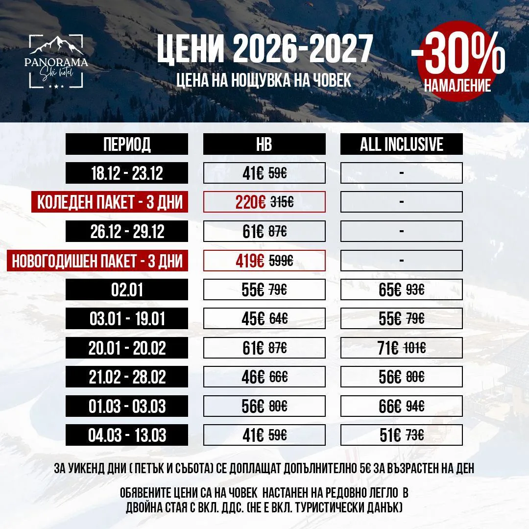 Ценова листа 2026–2027 — цена на нощувка на човек по периоди, Half Board и All Inclusive